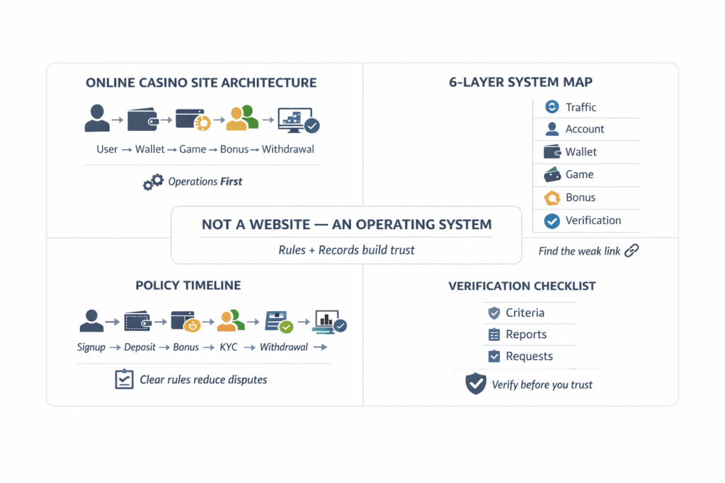 온라인 카지노 사이트 구조 완전 해부: 화면 뒤에서 실제로 돌아가는 시스템 온라인 카지노 사이트 구조를 한눈에 정리한 시스템 아키텍처 개요