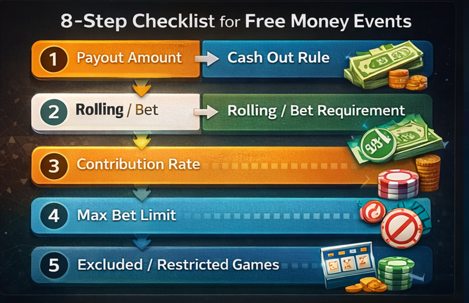 꽁머니 이벤트 조건을 출금→롤링→제한→지급 순서로 읽는 8단계 체크리스트 인포그래픽