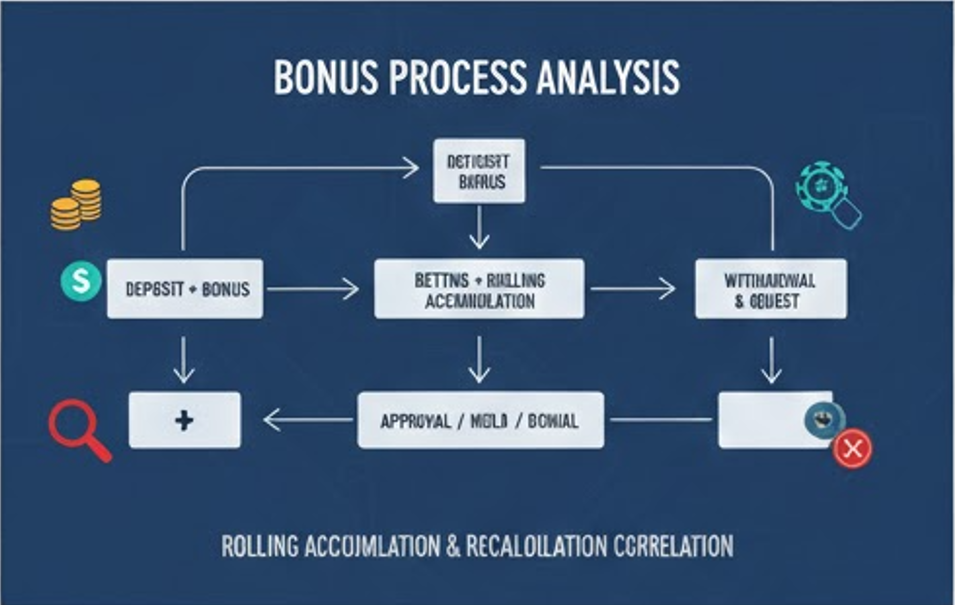 카지노 보너스 조건이 먹튀로 변하는 과정: 롤링·소급·출금 재계산의 구조적 진실 보너스 지급에서 출금 거절까지의 기술적 흐름도