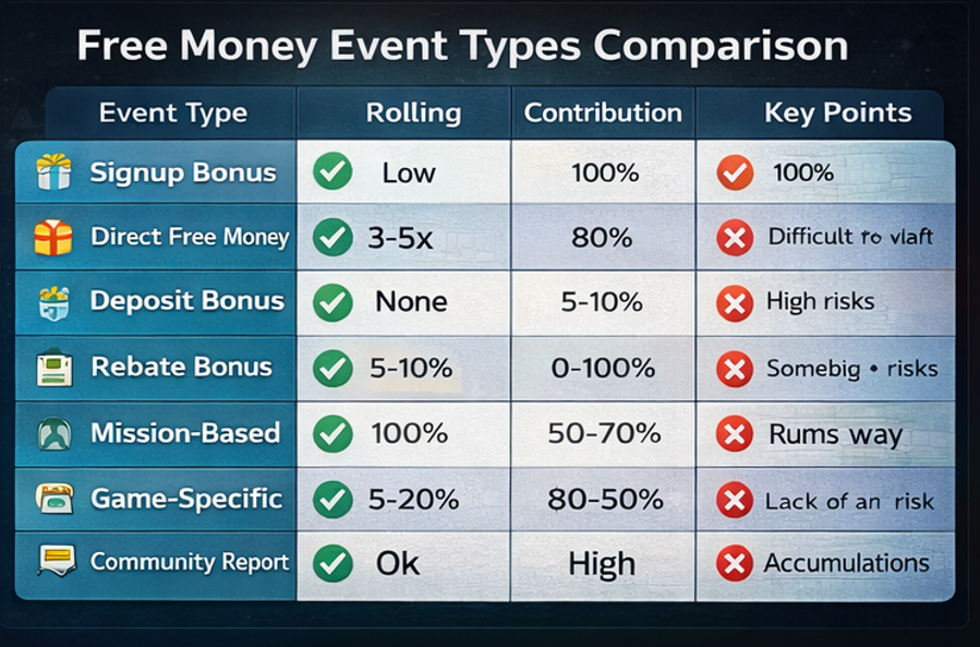 첫 가입 꽁머니·지급형·첫충연동·리베이트 등 이벤트 유형 7가지를 비교한 표 이미지