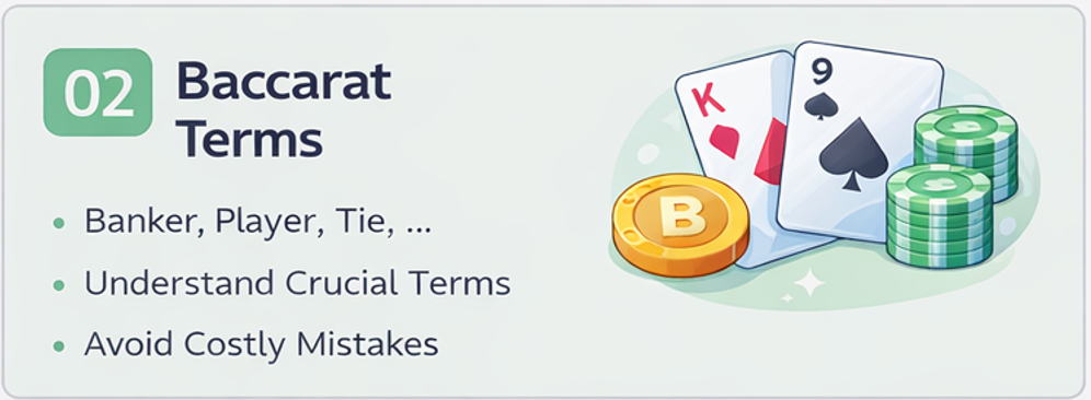 바카라 핵심 용어 흐름도(뱅커·플레이어·타이·커미션·내추럴)