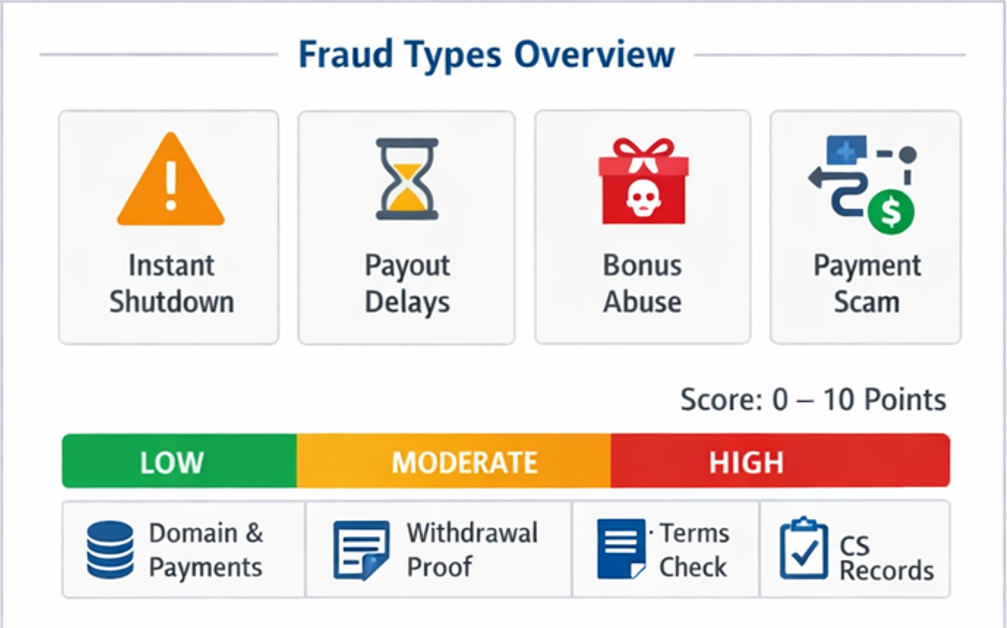 카지노사이트 먹튀검증 먹튀 유형 4가지 패턴 비교 인포그래픽