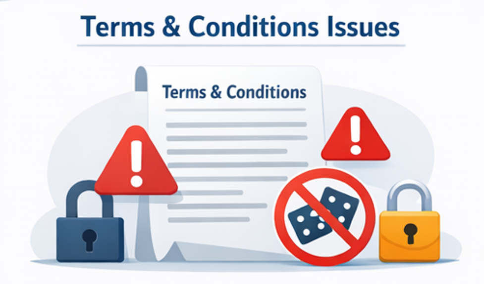 보너스 약관 사후 적용과 롤링 재산정 위험을 단계별로 요약한 인포그래픽