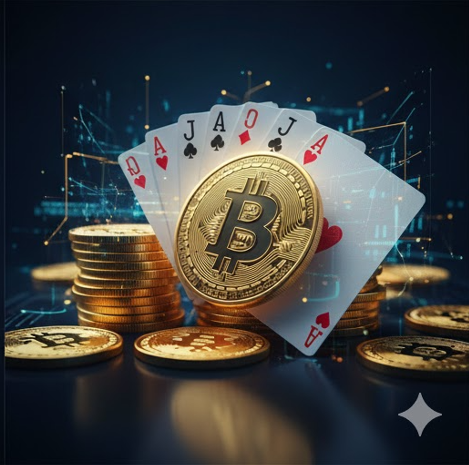 암호화폐(비트코인)와 카지노 칩이 융합된 디지털 자산 베팅 이미지