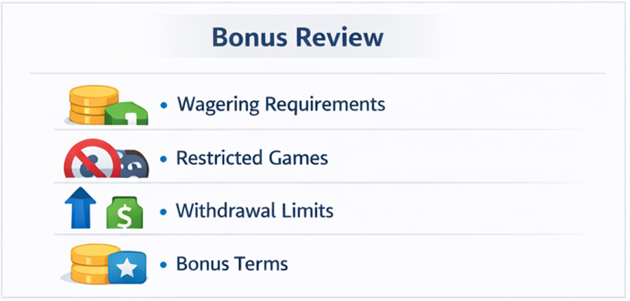 보너스 비교 시 롤링·제한게임·출금제한 등 약관 체크 6가지 항목 요약 이미지